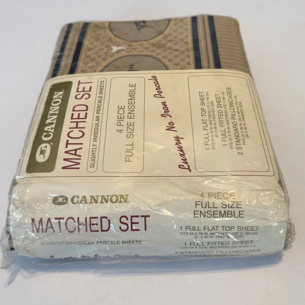 Vintage Cannon Full Sheet Set Fly Fishing Lures Percale 4pc Tan Blue Made in USA